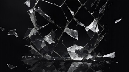 cracked glass on black background, smashed glass texture, shards of broken glass on black - obrazy, fototapety, plakaty