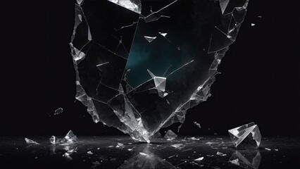 cracked glass on black background, smashed glass texture, shards of broken glass on black - obrazy, fototapety, plakaty