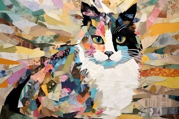 Black and white Cat, highly textured, mixed media collage painting, fringe absurdism, Award winning halftone pattern illustration