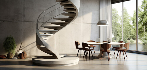 A compact spiral staircase made of polished concrete, perfect for a small, modern apartment. - obrazy, fototapety, plakaty