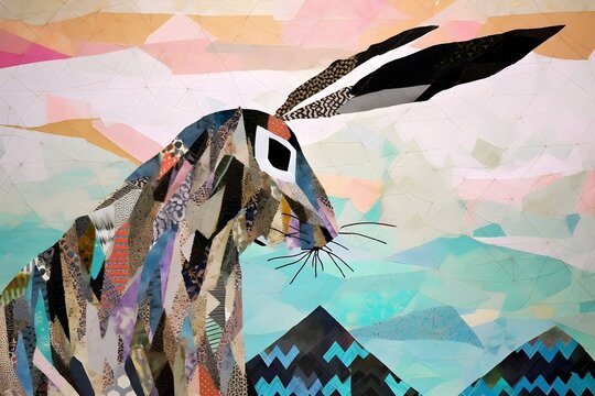 Rabbit, highly textured, mixed media collage painting, fringe absurdism, Award winning halftone pattern illustration