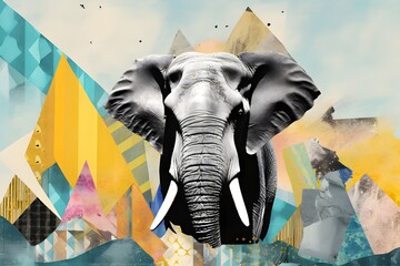 Elephant, Gajah, highly textured, mixed media collage painting, fringe absurdism, Award winning halftone pattern illustration