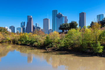 Fototapeta na wymiar Houston skyline at sunny autumn day in Buffalo Bayou Park, Houston, Texas, USA