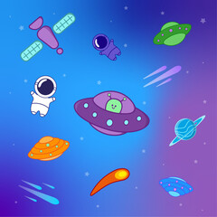 Set de elementos espaciales, astronauta, planetas, ovini, alien, cometa, satelite, estilo vector flat © LauraVasi