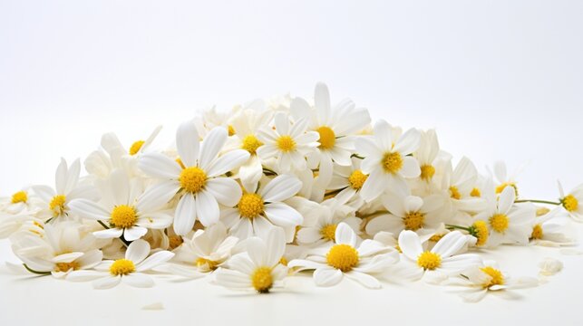 a heap of chamomile petals, their white and yellow blossoms creating a serene and calming arrangement against the purity of a white background.