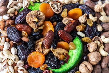 Nuts and dried fruit mix, healthy and wholesome food. 