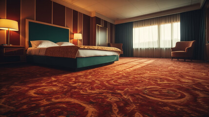 Large room in a traditional style hotel with a big bed and carpets on the floor. Low-angle view, copy space on the carpet.