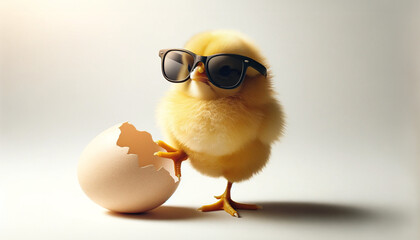 A cool chicken in sunglasses posing with a broken egg. Easter holiday concept.
