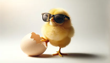 Poster A cool chicken in sunglasses posing with a broken egg. Easter holiday concept. © Focused Adventures