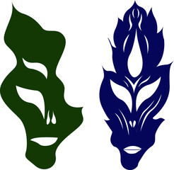 Vector masks. Traditional masks with human faces - shamans, indigenous men and women in green and blue, folk art. Design element for logo, emblem, sign, poster, card, banner. Vector illustration.