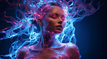 Neon Fictional AI generated Woman Art Glow Realistic Photography Black Background 4k	