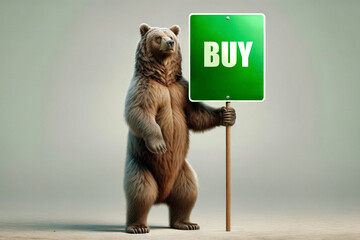 bullish bear investor holding a sign suggesting to buy stocks - obrazy, fototapety, plakaty