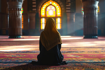 Muslim woman praying in mosque. Sunlight rays and haze through the window - 710837178