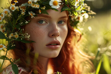 Closeup of redhead girl with flower wreath in summer meadow