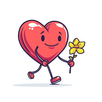 cartoon heart character bring flower while walking