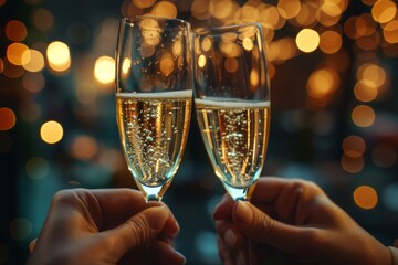  Champagne glasses clinking in celebration, a toast to joyous moments and shared victories. - obrazy, fototapety, plakaty
