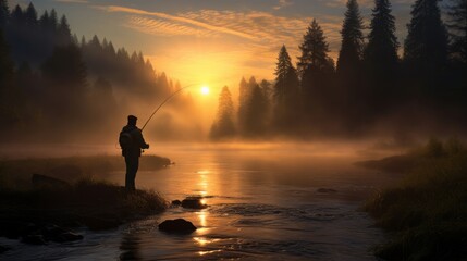 Fisherman near the river at sunset. Neural network AI generated art - obrazy, fototapety, plakaty
