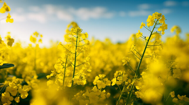 Close-up of a rapeseed field. Rapeseed oil advertisement