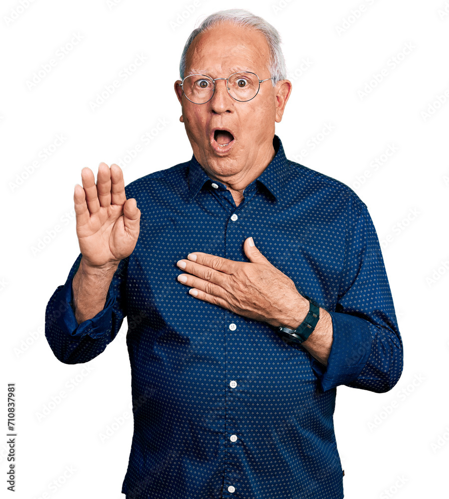 Sticker senior man with grey hair taking oath in shock face, looking skeptical and sarcastic, surprised with