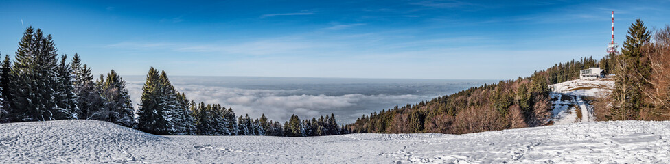 Bregenz, Österreich: Panorama vom Pfänder und dem Nebelmeer darunter