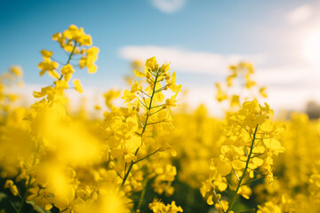 Close-up of a rapeseed field. Rapeseed oil advertisement - obrazy, fototapety, plakaty