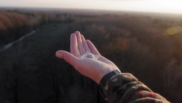 Microdosing truffles on a hand in package during a golden hour sunset