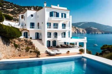 Fototapeta premium Luxury hotel and restaurant on the mountain with sea view and swimming pool.