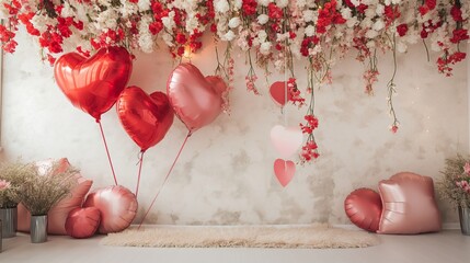 Festive valentine's day photo studio background: many red heart-shaped balloons, flowers hanging...