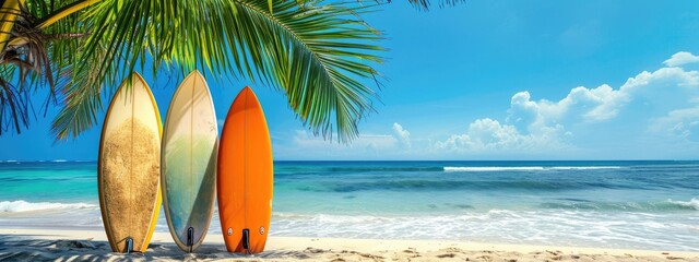 Surfboards on the beach. Panoramic banner. vacation concept. Outdoor activity 