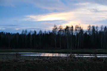 Rural landscape with a flooded meadow and trees in the background. Snow melted in early spring and made deep puddles on agricultural field. Forest trees with bare branches ahead. Latvia, Zemgale.