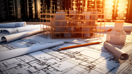 Drawings and design tools on the panorama of the construction site. Construction and design concept..