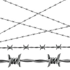 vector image of the protective sharp barb wire isolated on the white background. Many crossed barbed wires of different sizes.