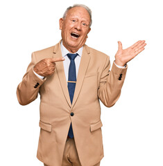 Senior caucasian man wearing business suit and tie amazed and smiling to the camera while presenting with hand and pointing with finger.