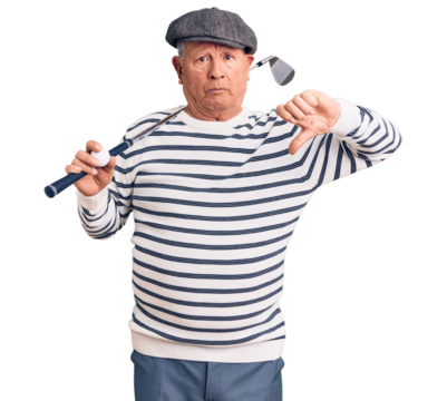 Senior handsome grey-haired man holding golf club and ball with angry face, negative sign showing dislike with thumbs down, rejection concept - Powered by Adobe