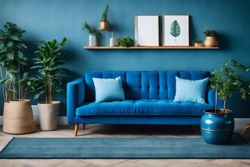 Modern living room with blue sofa with cushions with flowers and photo frames on the wall.