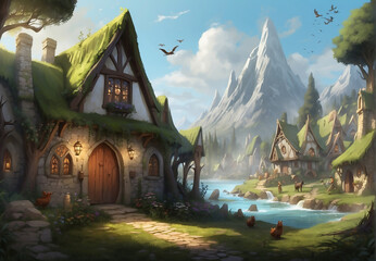 Elven village with woodland creatures, wizards, and magic visual effects portrayed in JRR Tolkien style. Ancient fantasy surreal magical forest with elven kingdom. 

 - obrazy, fototapety, plakaty