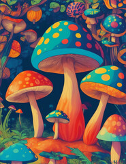 A world of vibrant magic mushrooms and swirling patterns of a psychedelic background featuring a hippie vibe. Trippy visuals of a psychedelic landscape. 