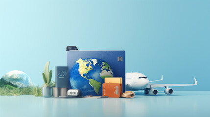 travel concept with airplane, world famous landmark and luggage travel