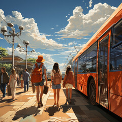 Rear view of several women waiting at the bus stop. An old bus runs in front of the station. High resolution on the left