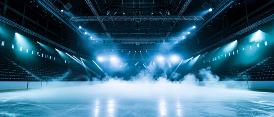 Blue Ice Rink Background. Professional Arena illuminated neon lights, spotlights with smoke. Copyspace. Winter poster for hockey competitions. Ice skating. Stadium. Generative ai	 - obrazy, fototapety, plakaty