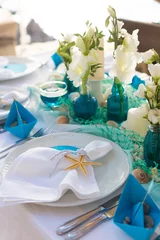 decorated table in the restaurant for a wedding dinner © bigguns
