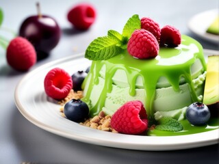 avocado fruit ice cream dessert in glass, with some yogurt and fruits
