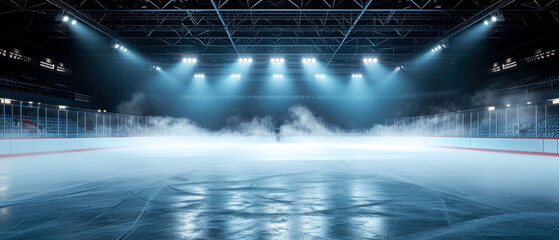 Blue Ice Rink Background. Professional Arena illuminated neon lights, spotlights with smoke. Copyspace. Winter poster for hockey competitions. Ice skating. Stadium. Generative ai	 - obrazy, fototapety, plakaty