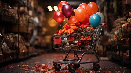 red shopping cart, An abandoned shopping cart with balloons, presents, confetti, and vibrant flowers, filled with a red and black party
