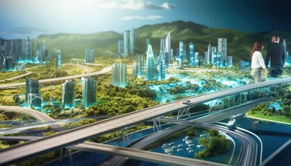 Fototapeta na wymiar Human touching a advanced technology based on hologram light with greenery city, eco-friendly city on a city background with hologram network icons for energy source research, renewable energy concept
