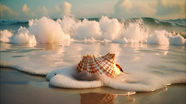 Seashell Resting on Sandy Beach, Coastal Beauty Nature Scene Photo