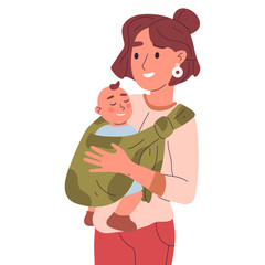 Young mother with baby. Mom carrying baby in sling, cute toddler in mother hands flat vector illustration. Woman with baby in sling