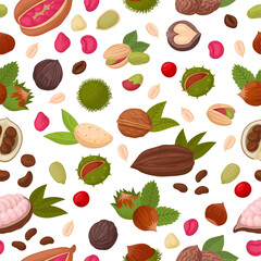 Nuts seamless pattern. Seeds and nuts, raw almond, peanut, walnut, macadamia and hazelnut endless design. Flat vector background illustration