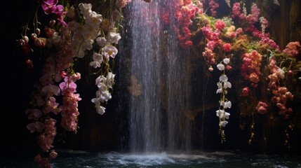 A beautiful scene with a waterfall and flowers. Neural network AI generated art