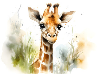 Watercolor illustration of a cute giraffe on white background